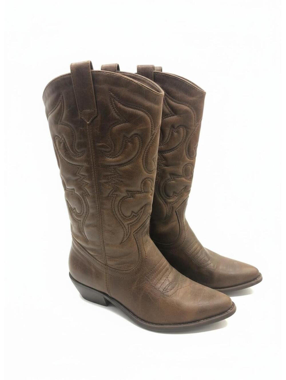 Brown Cowboy Boots with Embroidered Design/ Size 9